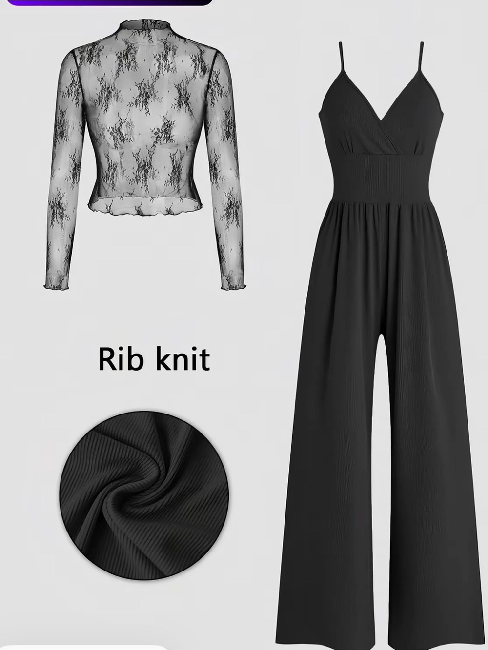 Black Wide Leg Jumpsuit & Sheer Lace Top Set – Size S/M